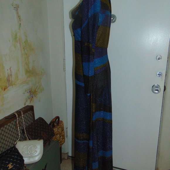 Englands " Mary Wilson" Vintage 70's Maxi Sexy Metallic Dress M Studio 54 Blue - Picture 5 of 12